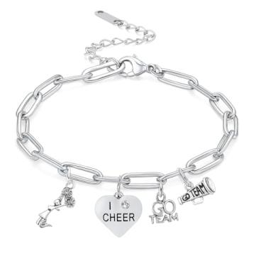 Imagem de Sportybella Pulseira prateada de aço inoxidável para líderes de torcida – Corrente ajustável com pingentes I Cheer, Cheerleader, pompons e megafone – Presente para líderes de torcida e equipes de