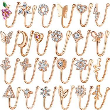 Imagem de JDXN Conjunto de 24 anéis de nariz falsos, clipes de orelha, brincos não perfurados, zircônia cúbica, joias não perfuradas, anel de nariz falso, clipe de mola em aro circular sem perfuração, conjunto de joias para mulheres e homens, N A, n a