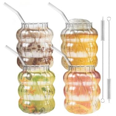 Imagem de 4 peças de copos de vidro canelados, conjunto de vidro criativo de 595 g, copos de bebida em forma de onda com canudo de vidro, copos estéticos, copos de coquetel ondulados, copos de bolhas para café