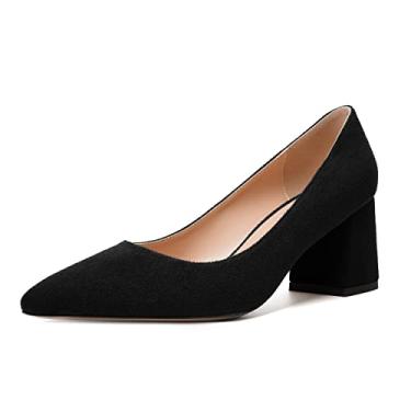 Imagem de MERRORI Sapatos femininos de salto médio grosso sem cadarço bico fino camurça casual bloco namoro salto salto 2,5 polegadas, Preto, 36