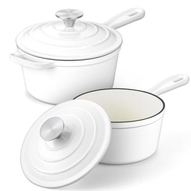 Imagem de Conjuntos de panelas de 1 litro e 2 litros, panela de ferro fundido esmaltado Leonyo com tampa, panela pequena de ferro fundido holandês panelas de cozinha para todos os cooktops, macarrão, leite