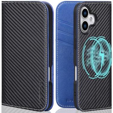 Imagem de VISOUL Capa carteira para iPhone 17, capa magnética de couro de fibra de carbono com suporte de cartão com bloqueio de RFID, suporte flip, capa para celular compatível com iPhone 17 (6,3 polegadas