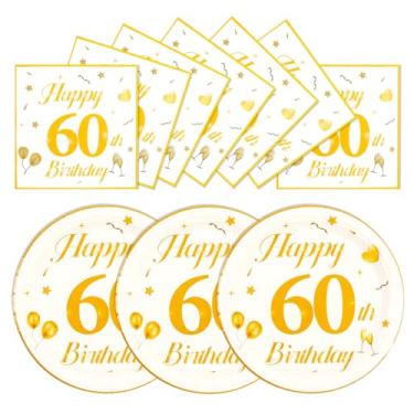 Imagem de EVYIENEN 50 peças de pratos e guardanapos de aniversário de 60 anos, pratos de bolo de sobremesa de aniversário premium de 17 cm e guardanapos de festa e coquetel para homens e mulheres, decoração de