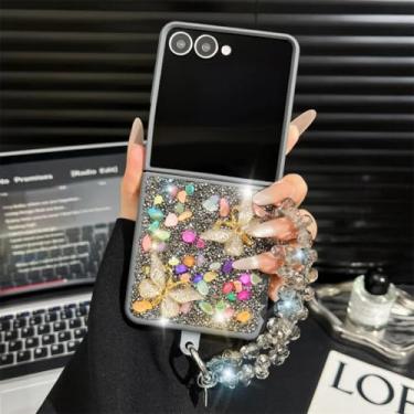 Imagem de Capa para Galaxy Z Flip6 com glitter de luxo, desenho animado, borboleta, cristal, pedra, pulseira brilhante (para Galaxy Z Flip6/cinza)