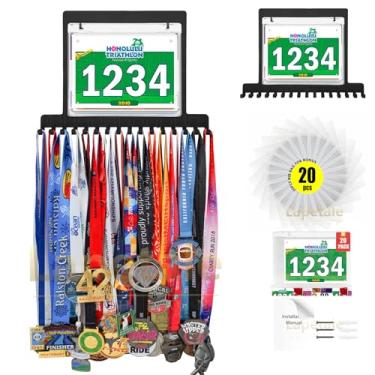 Imagem de Lapetale Fashion Suporte de medalha de vinil babador, suporte de medalha com ganchos de vinil, fácil de usar, suporte de medalha para parede, expositor de medalha de torcida 60 medalhas e 30 babadores