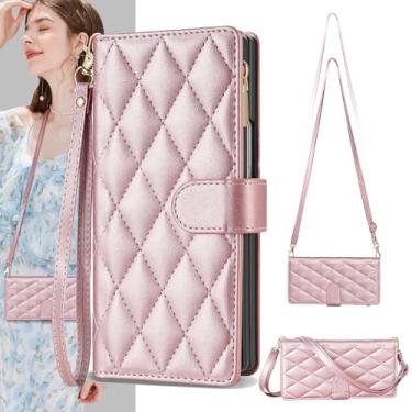 Imagem de Kruysozz Capa carteira para Samsung Galaxy Z Fold6 com suporte para cartão, carteira transversal de couro com alça de pulso, alça de ombro, suporte e fecho magnético para Galaxy Z Fold5, ouro rosa