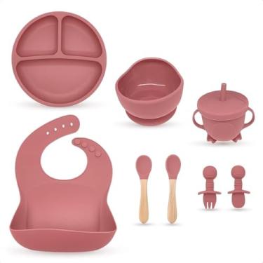 Imagem de Kit Introdução Alimentar Bebê 8 Peças – Silicone Alimentar Premium Atóxico Livre de BPA – Prato com Ventosa, Bowl, Babador Coletor, Copo Antivazamento, Talheres BLW Seguros (Rosa)