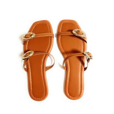 Imagem de Sandália Rasterinha Slide Feminina com Fivelas Douradas, Marrom Caramelo, Tiras Duplas, Casual, 39.