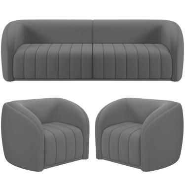 Imagem de Kit Sofá 4 Lugares Para Sala 292cm com 02 Poltronas Lazio M03 Veludo Cinza - Lyam Decor