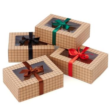 Imagem de Caixas de biscoito Kraft marrom com fitas e janela (pacote com 20) 21 x 15 x 7 cm caixas de presente de papelão de grau alimentício para presentear, assados, doces, Natal, embalagens decorativas