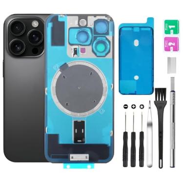 Imagem de Substituição de vidro da tampa traseira traseira para iPhone 16 Pro + lente da câmera + ímã + suporte de peça de ferro com kit de ferramentas de reparo (preto)