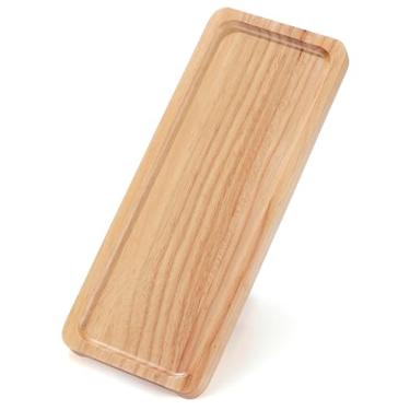 Imagem de Bandeja retangular de madeira, 33 cm x 12,7 cm com alças laterais, bandeja de madeira maciça natural para pão, frutas, lanches e sobremesas, bandeja rústica moderna fácil de transportar para uso