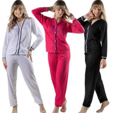 Imagem de KIT 3 Pijama Blogueira Longo Com Botões WLS Modas Roupa Frio Dormir In