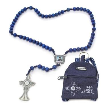 Imagem de Terço Carlo Acutis com Mochila Ostensório Azul Madeira 8mm - Amém Deco