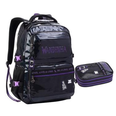 Imagem de Kit Mochila e Estojo Infantil Holográfica Wandinha PRETO - Luxcel