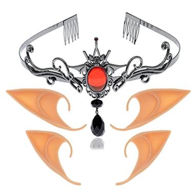 Imagem de 5 peças de tiara de pedra de vampiro morcego macio, orelhas de elfo, tiara de cabeça de elfo, tiara de coroa Fascinator Alice Banda, acessório de fantasia de Dia das Bruxas, preto