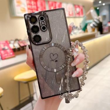Imagem de Capa com pulseira de cristal gradiente com glitter em formato de coração para Samsung S25 Ultra, capa magnética para Samsung S24 Ultra S23FE S22 S21, capa macia, preta, para Samsung S23 Plus