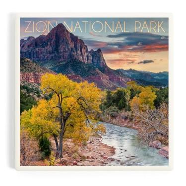 Imagem de Zion National Park, Utah, Watchman and The Virgin River (porta-copos de cerâmica absorvente, único, encosto de cortiça, decoração de mesa de cozinha)