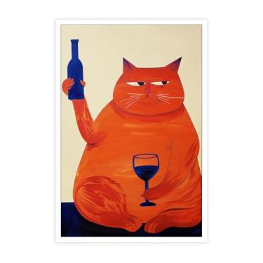 Imagem de Pôster engraçado de gato gordo bebendo vinho tinto arte de parede vintage humor animal caprichoso abstrato gato laranja impressões estéticas pintura para sala de estar quarto bar carrinho decoração de
