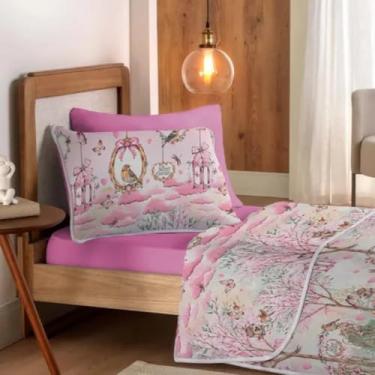 Imagem de Jogo de Cama Infantil Garden, Solteiro, Rosa e Branco, 100% Algodão, 3 Peças, Estampado com Borboletas e Pássaros