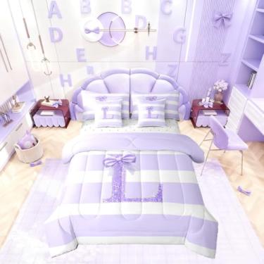 Imagem de Erosebridal Conjunto de edredom infantil casal com letra G, laço com glitter, laço roxo, 7 peças, monograma, listras, para quarto de meninas e mulheres