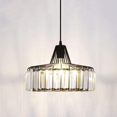 Imagem de Lustre Tambor Luzes Pendentes Preto Redondo Cristal Gaiola de Metal Moderno Teto Pendurado Lâmpada Lustre V-intage Grande Fazenda Pendente Iluminação para Mesa de Jantar Quarto Restaurante,