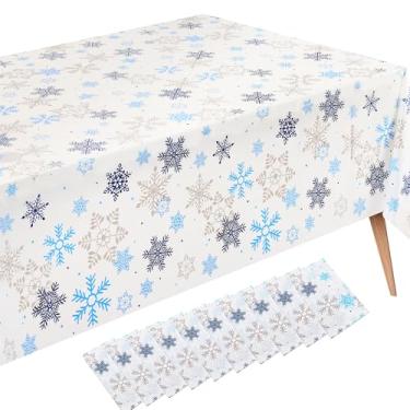 Imagem de Fivebop Pacote com 10 toalhas de mesa de plástico de Natal descartáveis com floco de neve vermelho 137 x 272 cm, capas de mesa retangulares para decoração para banquetes de festas de fim de ano