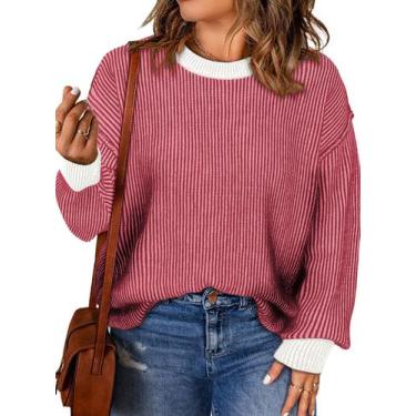 Imagem de Suéter feminino Eytino, tamanho grande, gola redonda, listras vermelha