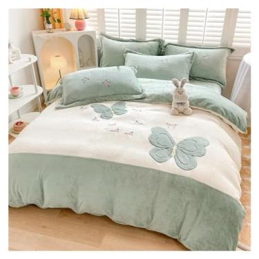 Imagem de Conjunto de cama quente de leite bordado borboleta compatível com a moda de inverno conjunto de capa de edredom de dois lados quente com lençóis (verde, tamanho Queen dos EUA, 4 peças)