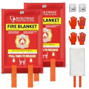 Imagem de ROLOWAY Cobertor de emergência contra incêndio para casa e cozinha, cobertores de emergência para segurança doméstica (101 x 101 cm) com ganchos, luvas, cobertor de supressão de incêndio com apito de