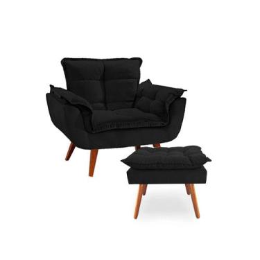 Imagem de Conjunto 1 Poltrona com 1 Puff Opala Luxo com Pés Estilo Retrô - Preto