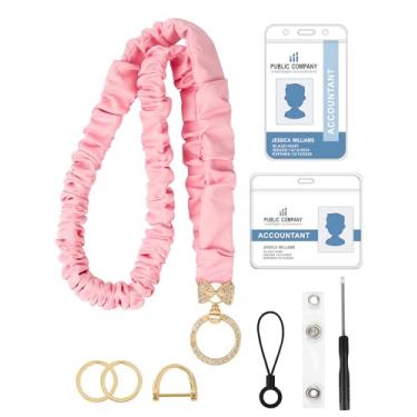 Imagem de Cordão elástico elástico para crachás de identificação, cordão de professor fofo para mulheres com 2 porta-crachá transparente (rosa)