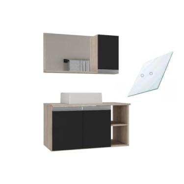 Imagem de Conjunto Gabinete Banheiro Virtus 80cm TAMPO VIDRO (gabinete + cuba + espelheira+ tampo vidro)(Madeirado/preto)