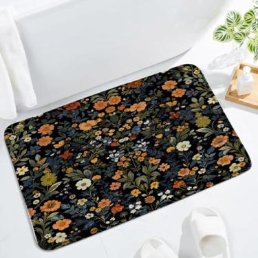 Imagem de Boho Tapete de banho floral preto vintage rústico flores silvestres aquarela folhas de fazenda jardim botânico moderno bonito decoração de banheiro tapete tapete de chão