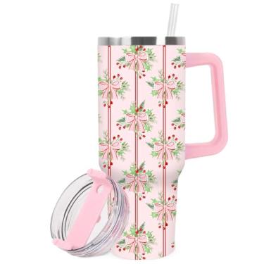 Imagem de JarThenaAMCS 1 copo de Natal com alça de tampa canudo 1,134 g laço rosa azevinho baga aço inoxidável copo de viagem copo de café para mulheres menina natal inverno feriado festa favor