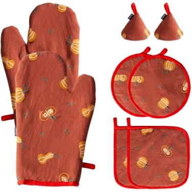 Imagem de Hausfrau Conjuntos de luvas de forno e suportes de panela de jacquard bordadas com capa de cabo de ferro fundido, 8 peças, luvas de cozinha florais vintage resistentes ao calor, luvas de forno para