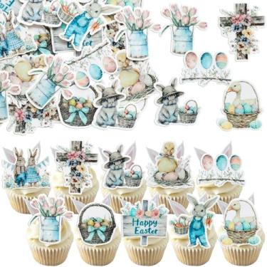Imagem de Ephlyn 50Pcs Edible Happy Easter Cupcake Toppers Wafer Paper Bunny Rabbit Cupcake Picks Bunny Baby Shower Decorations Colorful Cute Easter Cupcake Picks for Spring Theme Party Decoration