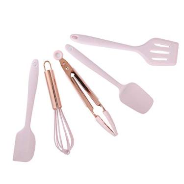 Imagem de ZJchao Conjunto de Utensílios de Cozinha de Silicone, 5 Peças de Espátula de Silicone Rosa Raspador Batedor de Ovos Conjunto de Utensílios de Cozinha de de Com Furo de Suspensão para Fritar, Mexer