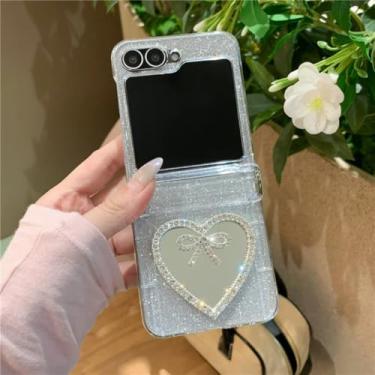 Imagem de Capa para Galaxy Z Flip6, transparente, com glitter, laço fofo, espelhada, com dobradiça, compartimento para cartão e corrente (apenas para Galaxy Z Flip6/Capa-Love)