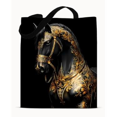 Imagem de Bolsa de ombro preta e dourada com estampa de animal - lona estética de cavalo - bolsa de ombro preta dourada moderna reutilizável para compras, trabalho, viagem, praia, bolsas
