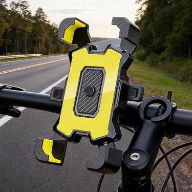 Imagem de Suporte de telefone amarelo para motocicleta – Suporte seguro para bicicleta de 4 garras com suporte de guidão à prova de choque para iPhone e Android
