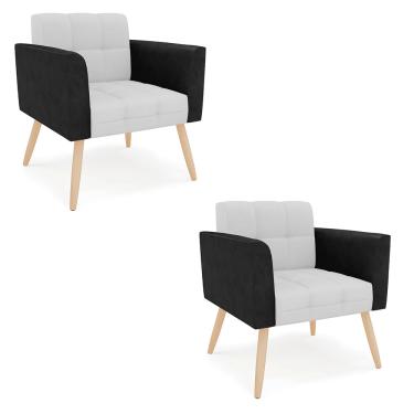 Imagem de Poltrona Pés Palito Natural Kit 2 Elisa Preto/Linho Cinza A05 D03 - D'Rossi