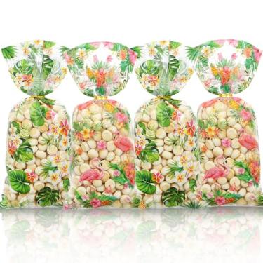 Imagem de Sacos de brindes de celofane flamingo, 50 peças, tema tropical havaiano, flores de flamingo, estampa de folhas, de plástico, doces, petiscos, lembrancinhas de festa de verão para Luau Havaí, Aloha