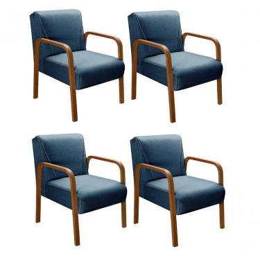 Imagem de Kit 4 Poltronas Anita Moderna Decorativa Braço Madeira Linho Azul 330