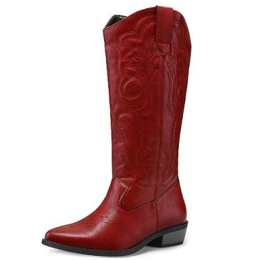 Imagem de mysoft Botas femininas caubói cano médio vaqueira bordada, bico fino, salto grosso, sem cadarço, cano alto, Vermelho, 39