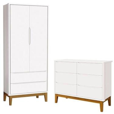Imagem de Cômoda 6 Gavetas E Guarda Roupa 2 Portas New Classic Branco Com Pés Madeira - Reller