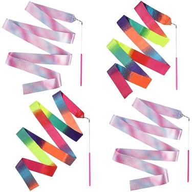Imagem de 4 fitas para ginástica, fita de dança brilhante de 78,7 polegadas fita de arco-íris para varinha dançarina em um bastão para lembrancinhas de aniversário de treinamento de dança artística