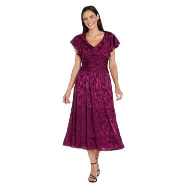 Imagem de R&M Richards Vestido feminino floral jacquard comprimento chá com cintura franzida e manga esvoaçante - roupa de festa e casamento em camadas, Sangria, 38