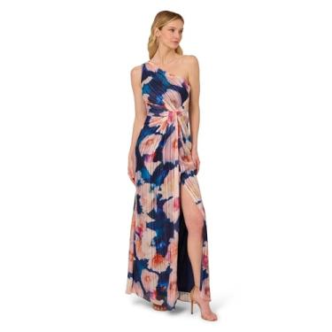 Imagem de Adrianna Papell Vestido de chiffon com estampa floral e decote de um ombro, Azul marinho/Blush, 52