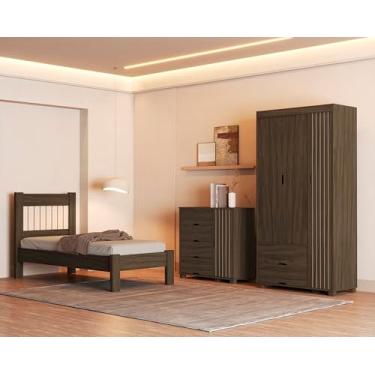 Imagem de Jogo de Quarto Bela com Roupeiro, Cômoda e Cama Solteiro. (Chocolate)